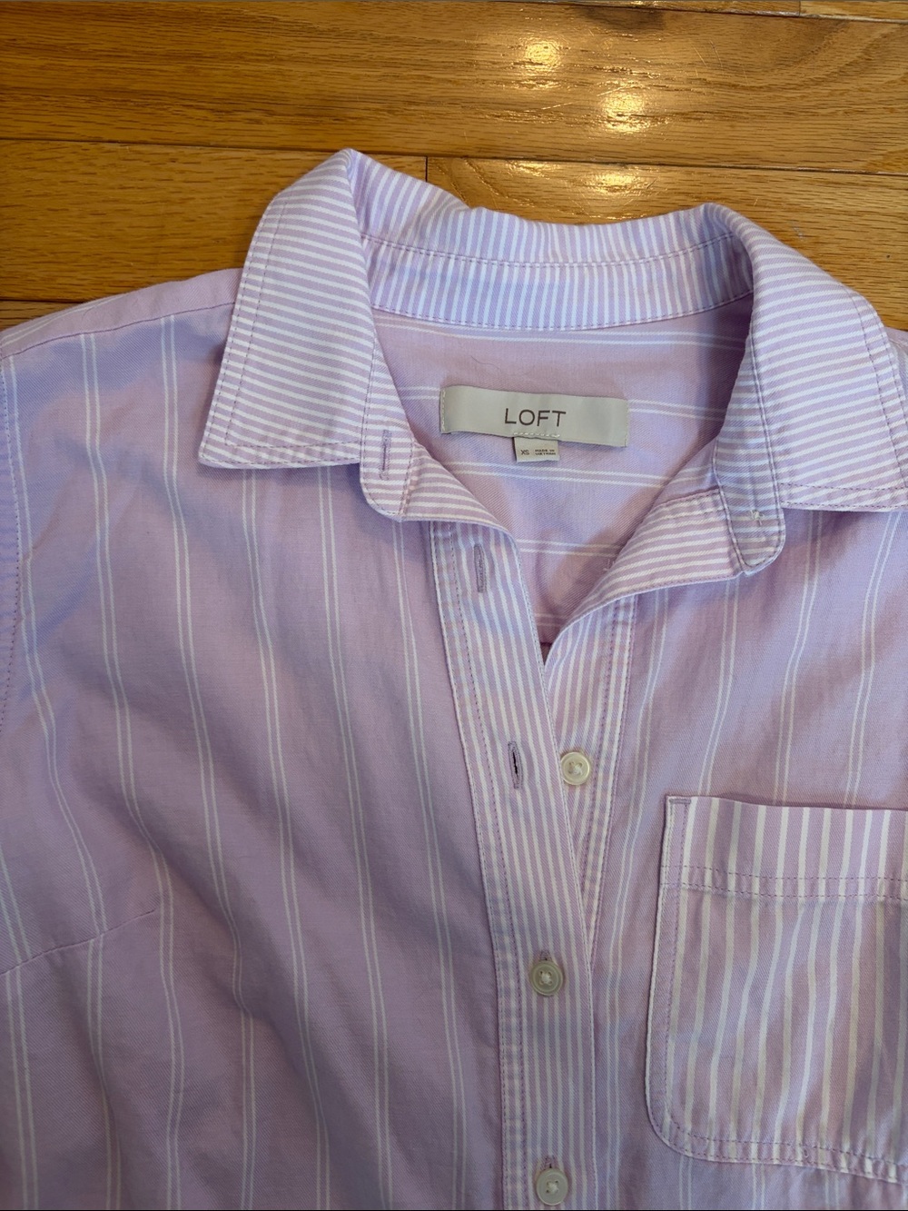 LOFT Lavender Striped Button-Front Tiered Dress - Picture 2 of 8